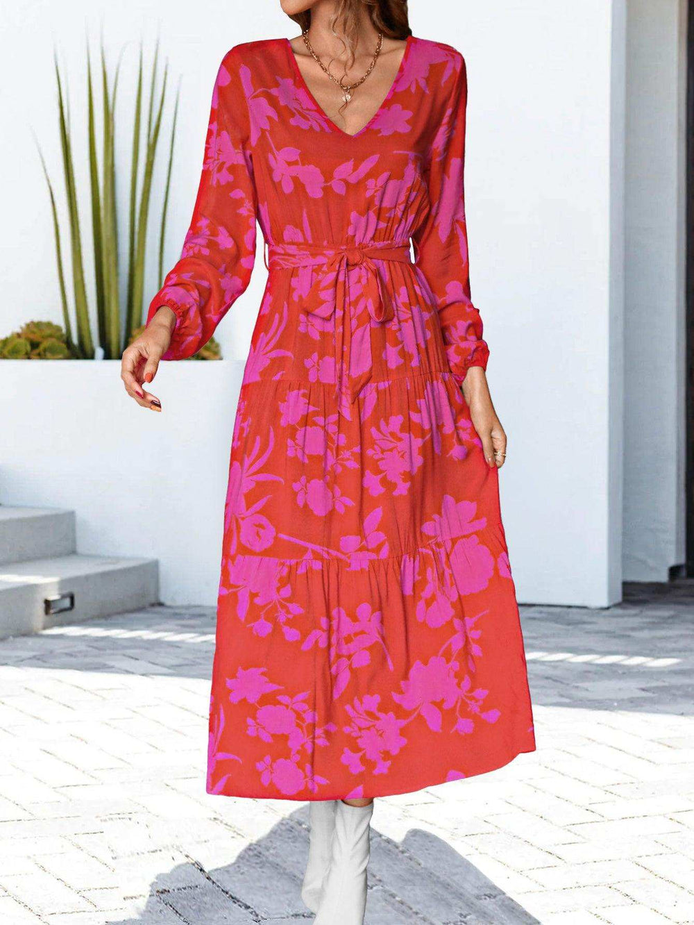 Floral V-Neck Long Sleeve Dress - Trendsi - Flyclothing LLC