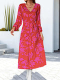 Floral V-Neck Long Sleeve Dress - Trendsi - Flyclothing LLC