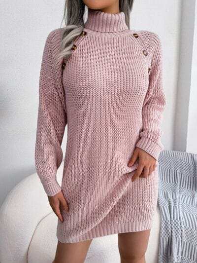 Decorative Button Turtleneck Sweater Dress - Trendsi - Flyclothing LLC