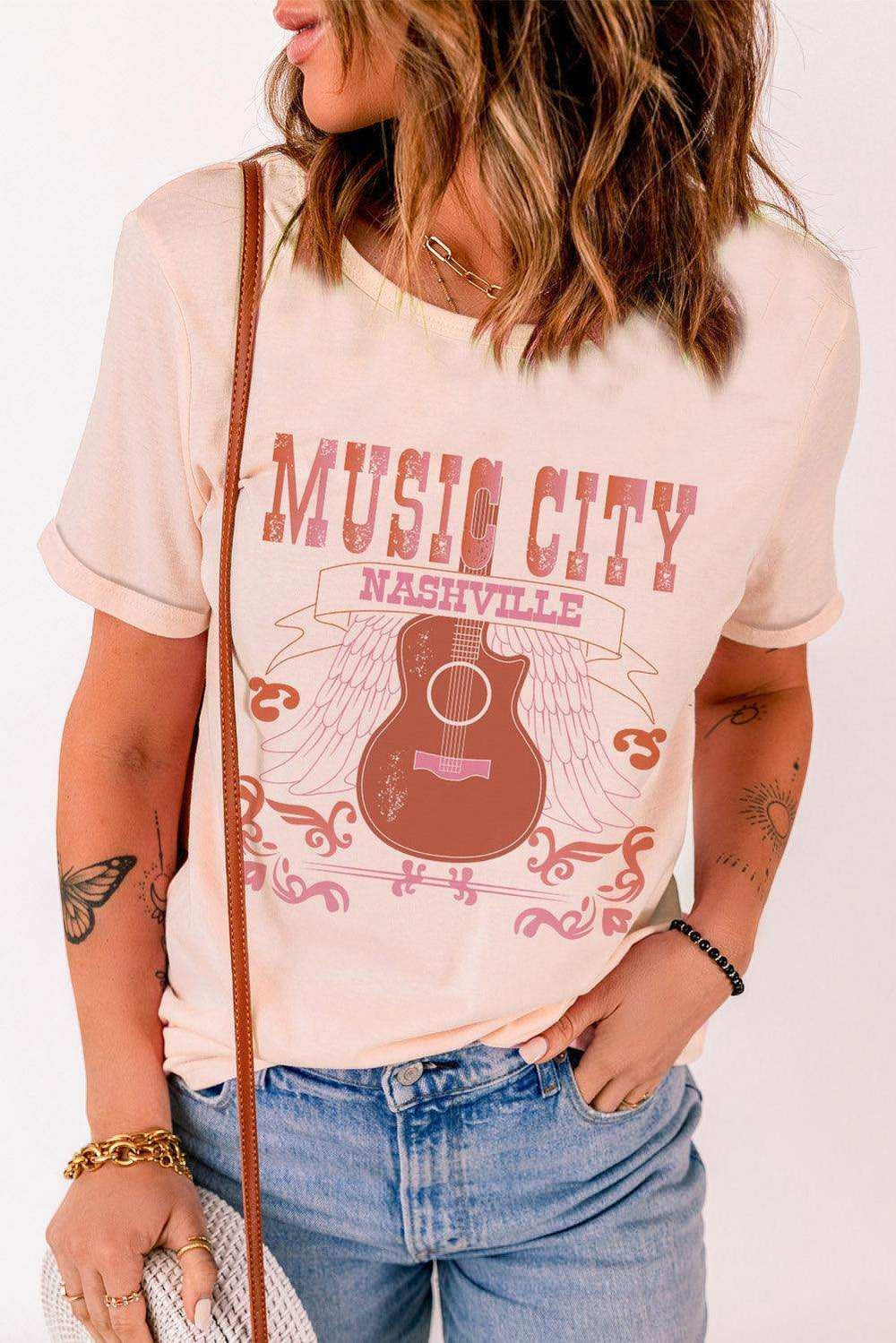 MUSIC CITY Cuffed Short Sleeve Tee - Trendsi - Flyclothing LLC