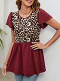 Leopard Round Neck Flutter Sleeve Babydoll Blouse - Trendsi - Flyclothing LLC