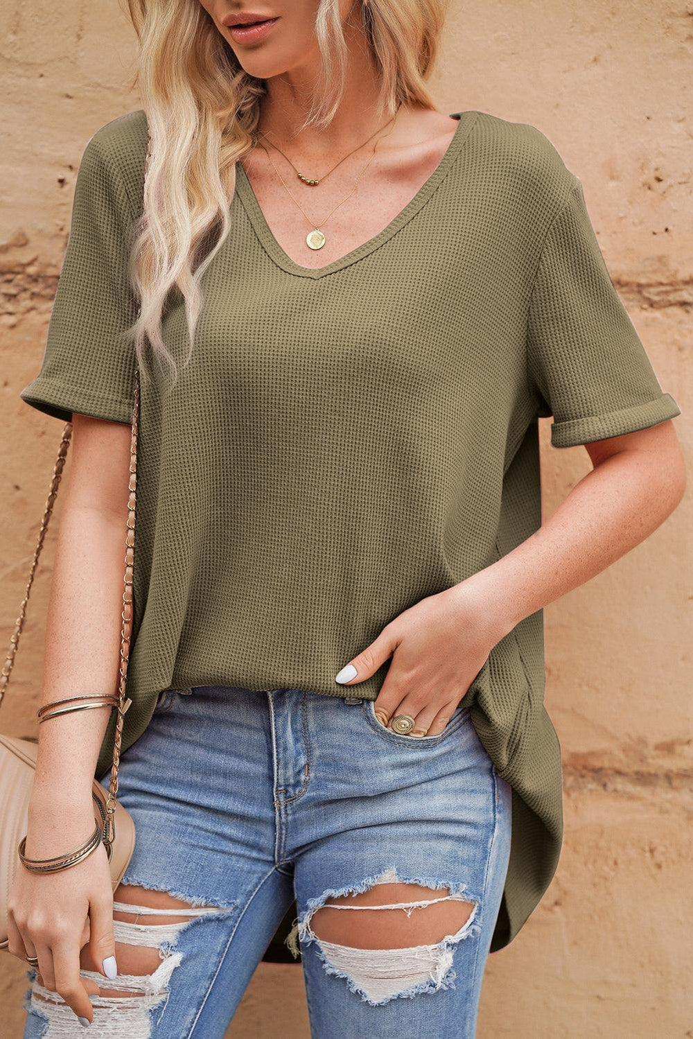 V-Neck Dropped Shoulder Tunic Top - Trendsi - Flyclothing LLC