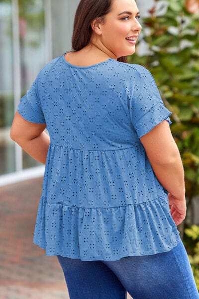 Plus Size Eyelet Round Neck Short Sleeve Blouse - Trendsi - Flyclothing LLC
