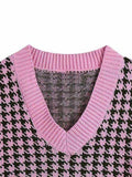 Houndstooth V-Neck Sweater Vet - Trendsi - Flyclothing LLC