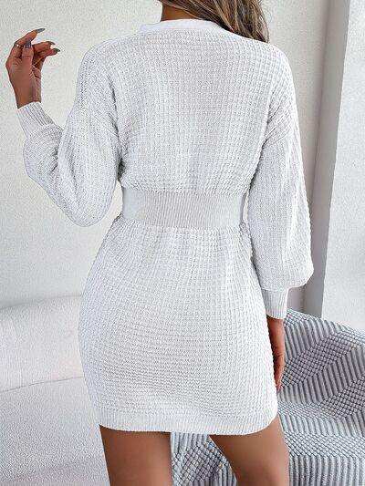 Buttoned Cable-Knit V-Neck Sweater Dress - Trendsi - Flyclothing LLC