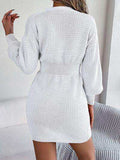 Buttoned Cable-Knit V-Neck Sweater Dress - Trendsi - Flyclothing LLC