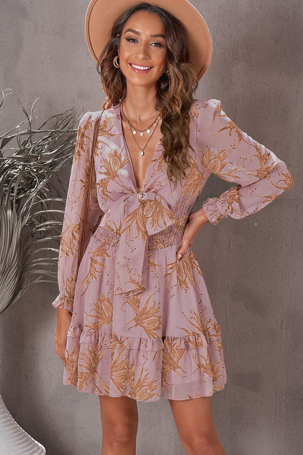 Floral Deep V Flounce Sleeve Mini Dress Light Mauve S