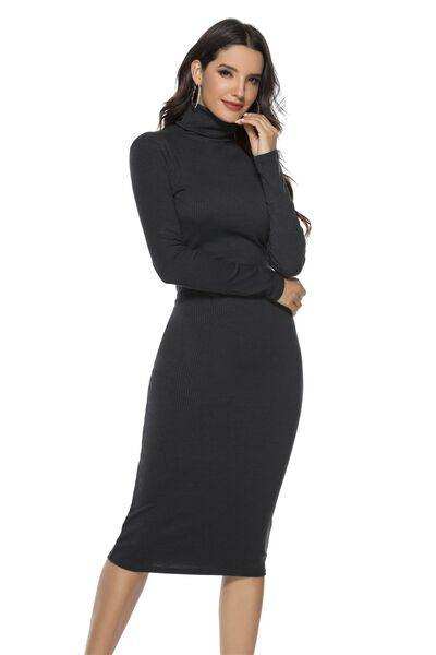 Ribbed Turtleneck Long Sleeve Dress - Trendsi - Flyclothing LLC