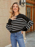 Round Neck Striped Lantern Sleeve Sweater - Trendsi - Flyclothing LLC