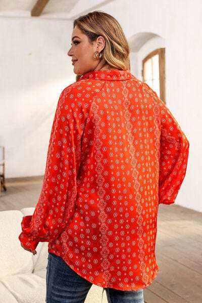 Plus Size Printed Johnny Collar Long Sleeve Blouse - Trendsi - Flyclothing LLC