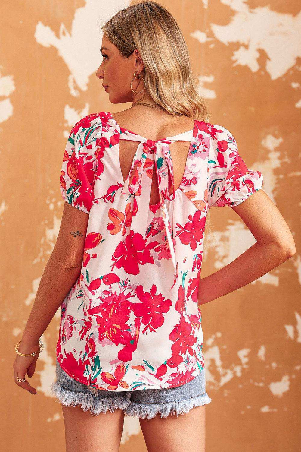 Floral Tie Back Square Neck Blouse - Trendsi - Flyclothing LLC