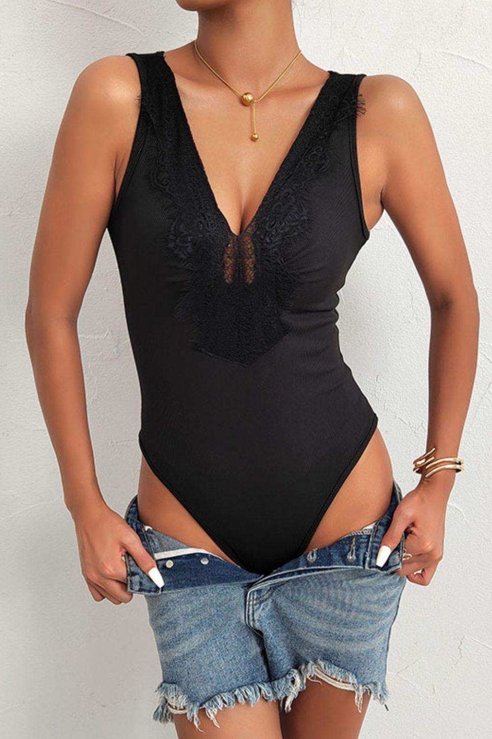 Spliced Lace Deep V Sleeveless Bodysuit - Trendsi - Flyclothing LLC