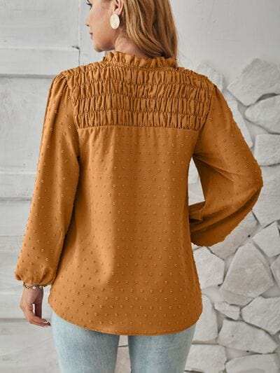 Ruched Swiss Dot Notched Balloon Sleeve T-Shirt - Trendsi - Flyclothing LLC