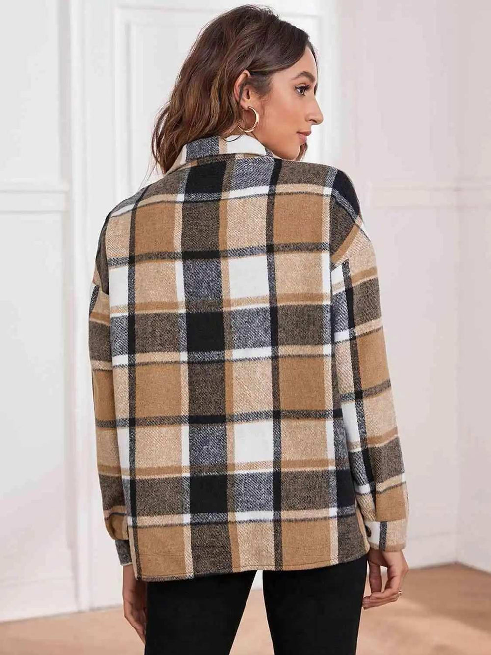 Plaid Collared Neck Button Down Jacket - Trendsi - Flyclothing LLC
