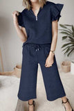 Ruffled Quarter Zip Top and Drawstring Pants Set - Trendsi - Flyclothing LLC