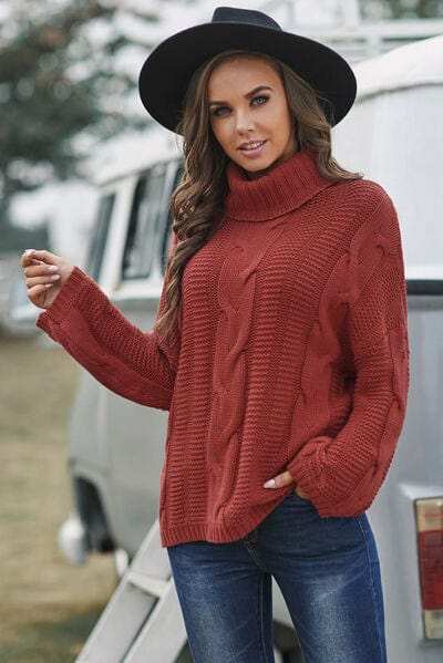 Cable-Knit Turtleneck Dropped Shoulder Sweater - Trendsi - Flyclothing LLC