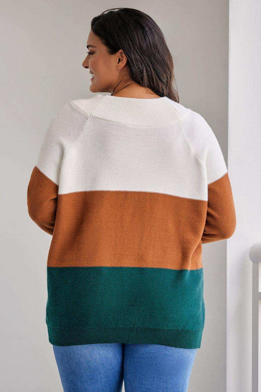 Plus Size Color Block Long Sleeve Sweater - Trendsi - Flyclothing LLC