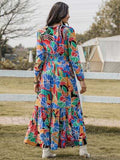 Printed Smocked Tie Neck Balloon Sleeve Maxi Dress - Trendsi - Flyclothing LLC