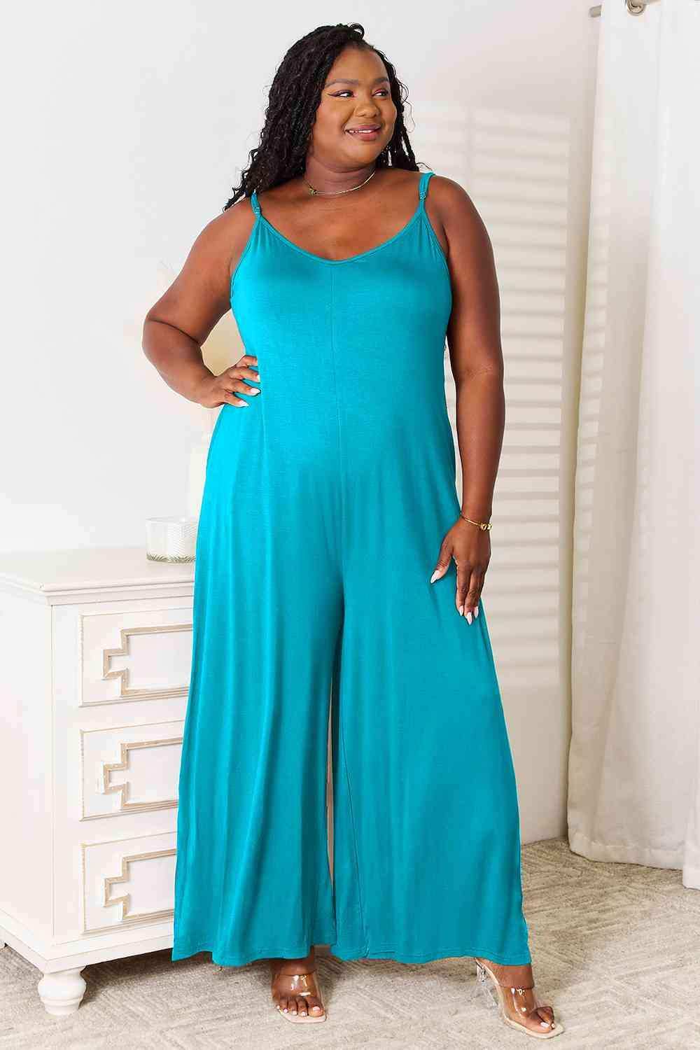 Double Take Full Size Soft Rayon Spaghetti Strap Tied Wide Leg Jumpsuit - Trendsi - Flyclothing LLC