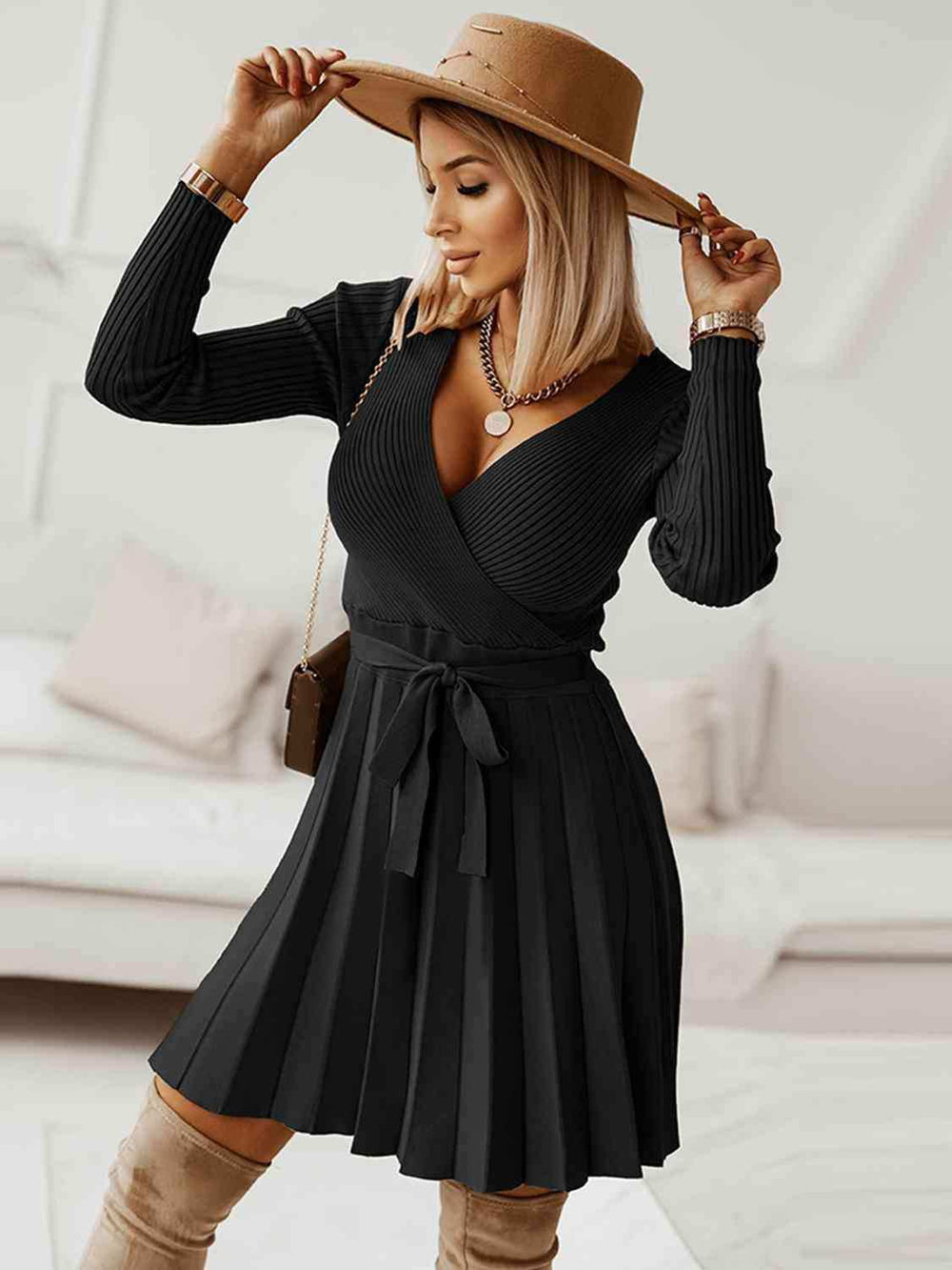 Surplice Neck Tie Front Pleated Sweater Dress - Trendsi - Flyclothing LLC