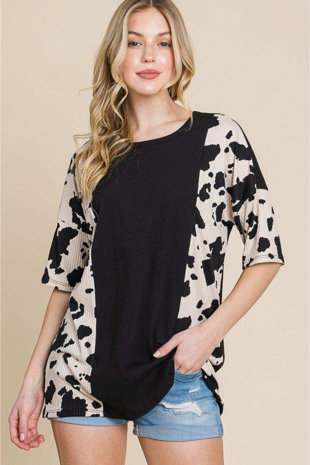BOMBOM Rodeo Love Ribbed Animal Contrast Tee - Trendsi - Flyclothing LLC