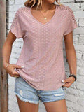 Eyelet V-Neck Short Sleeve T-Shirt - Trendsi - Flyclothing LLC