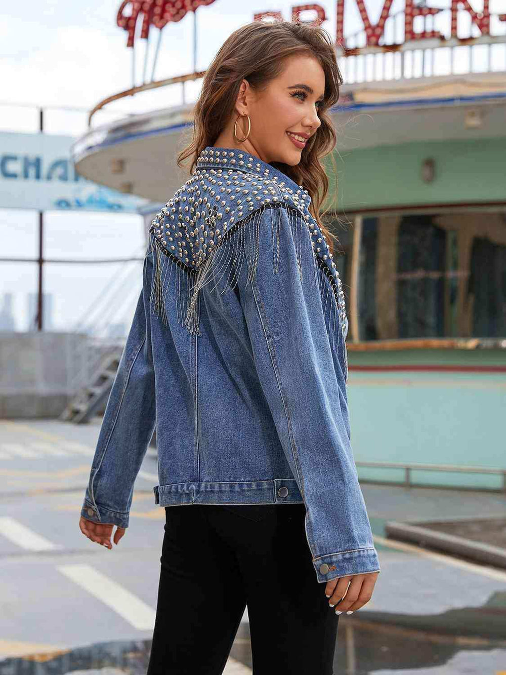 Studded Fringe Button Down Denim Jacket - Trendsi - Flyclothing LLC