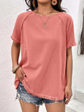 Round Neck Raglan Sleeve Fringe Detail Top - Trendsi - Flyclothing LLC
