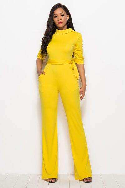 Mock Neck Tie-Waist Half Sleeve Jumpsuit - Trendsi - Flyclothing LLC
