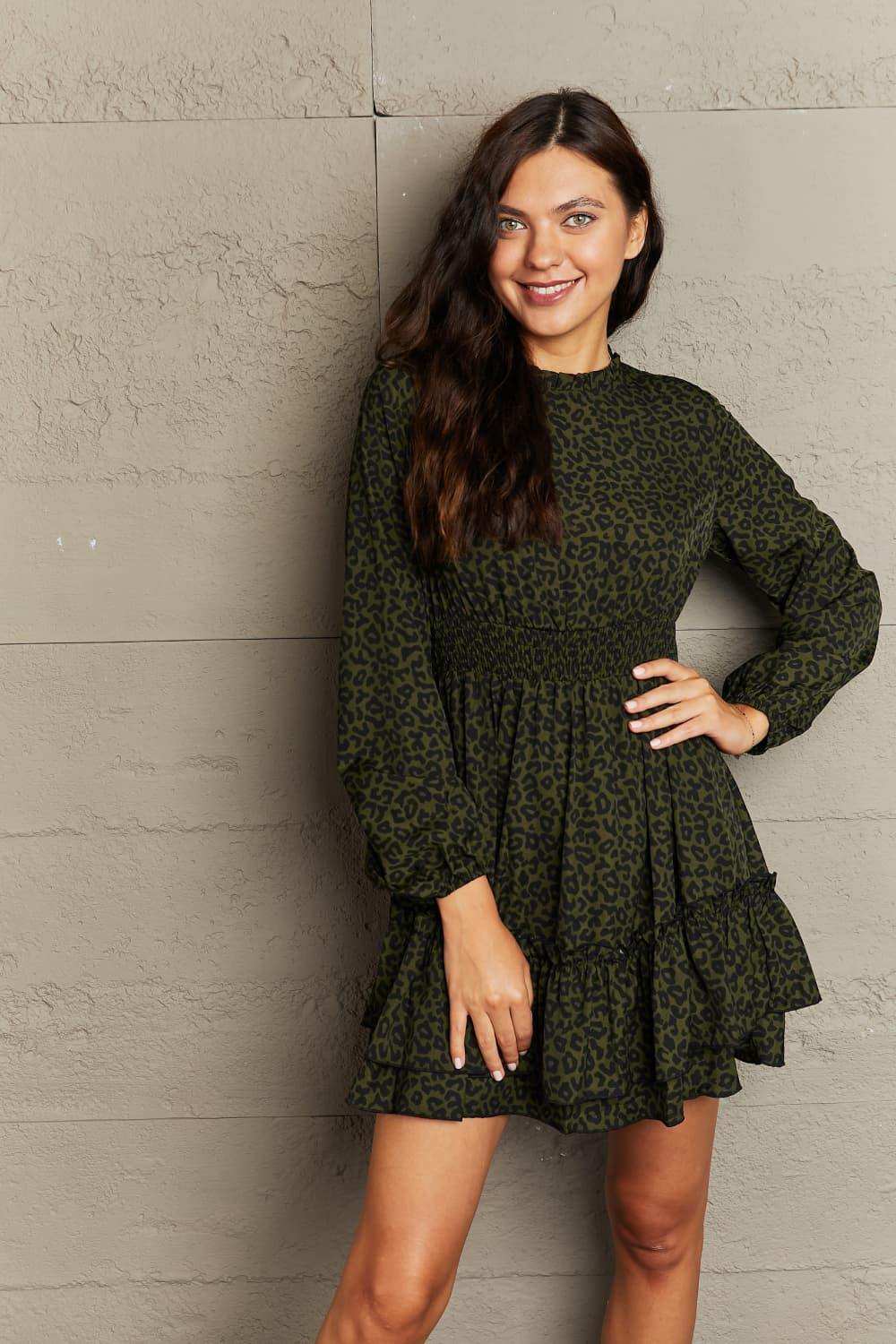Leopard Smock Waist Long Sleeve Dress - Trendsi - Flyclothing LLC