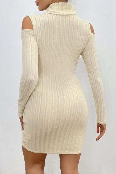 Ribbed Turtleneck Cold Shoulder Long Sleeve Mini Dress - Trendsi - Flyclothing LLC