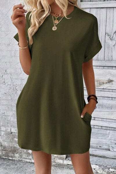 Pocketed Round Neck Short Sleeve Dress - Trendsi - Flyclothing LLC