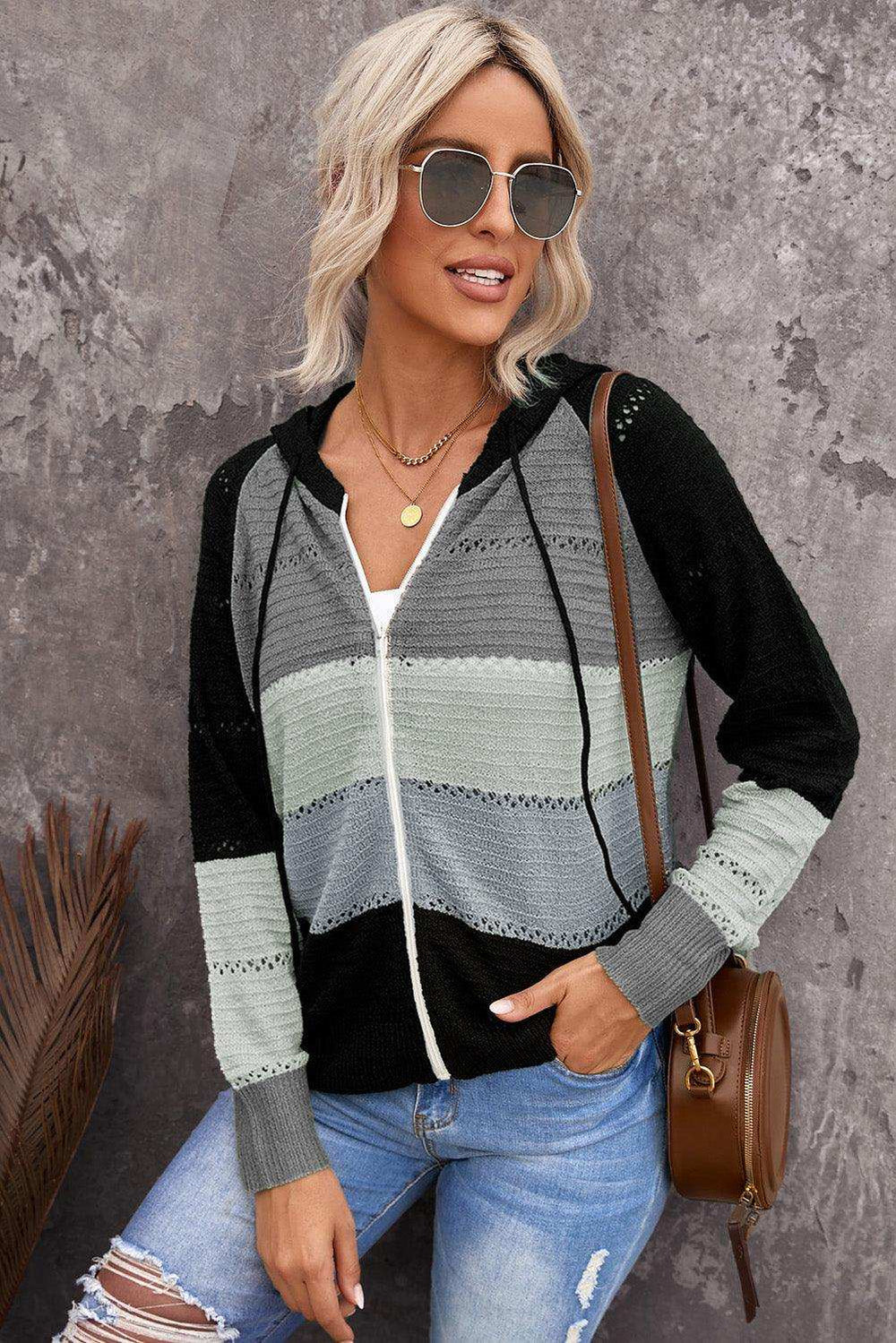 Zip-Up Raglan Sleeve Openwork Hooded Cardigan - Trendsi - Flyclothing LLC