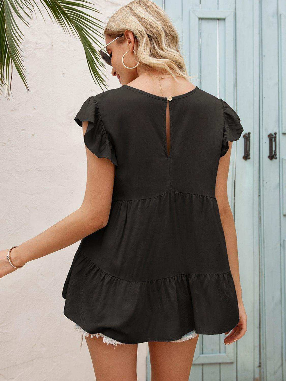 Round Neck Flutter Sleeve Tiered Blouse - Trendsi - Flyclothing LLC