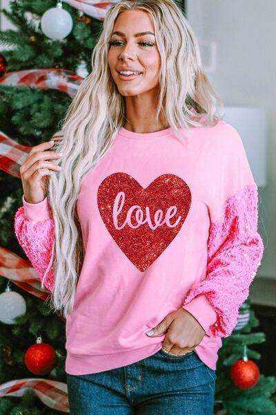 LOVE Heart Sequin Dropped Shoulder Sweatshirt - Trendsi - Flyclothing LLC