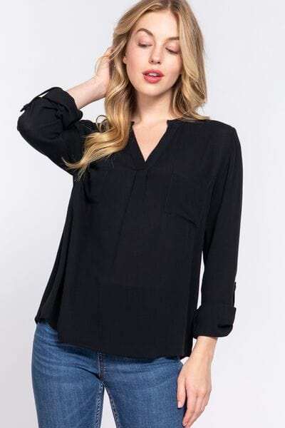 ACTIVE BASIC Full Size Notched Long Sleeve Woven Top - Trendsi - Flyclothing LLC