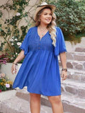 Plus Size Openwork Button Up V-Neck Short Sleeve Dress - Trendsi - Flyclothing LLC