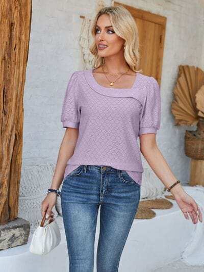 Eyelet Asymmetrical Neck Short Sleeve T-Shirt - Trendsi - Flyclothing LLC