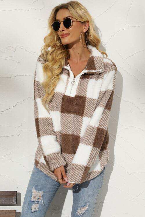 Plaid Half Zip Long Sleeve Sweatshirt - Trendsi - Flyclothing LLC