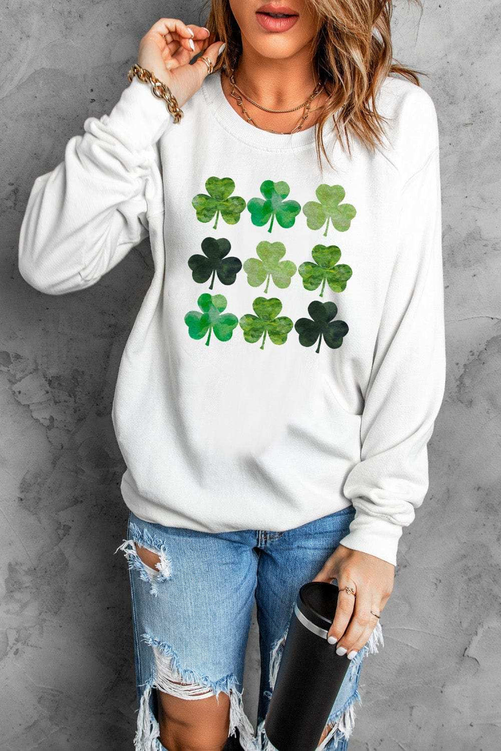 Lucky Clover Round Neck Dropped Shoulder Sweatshirt - Trendsi - Flyclothing LLC