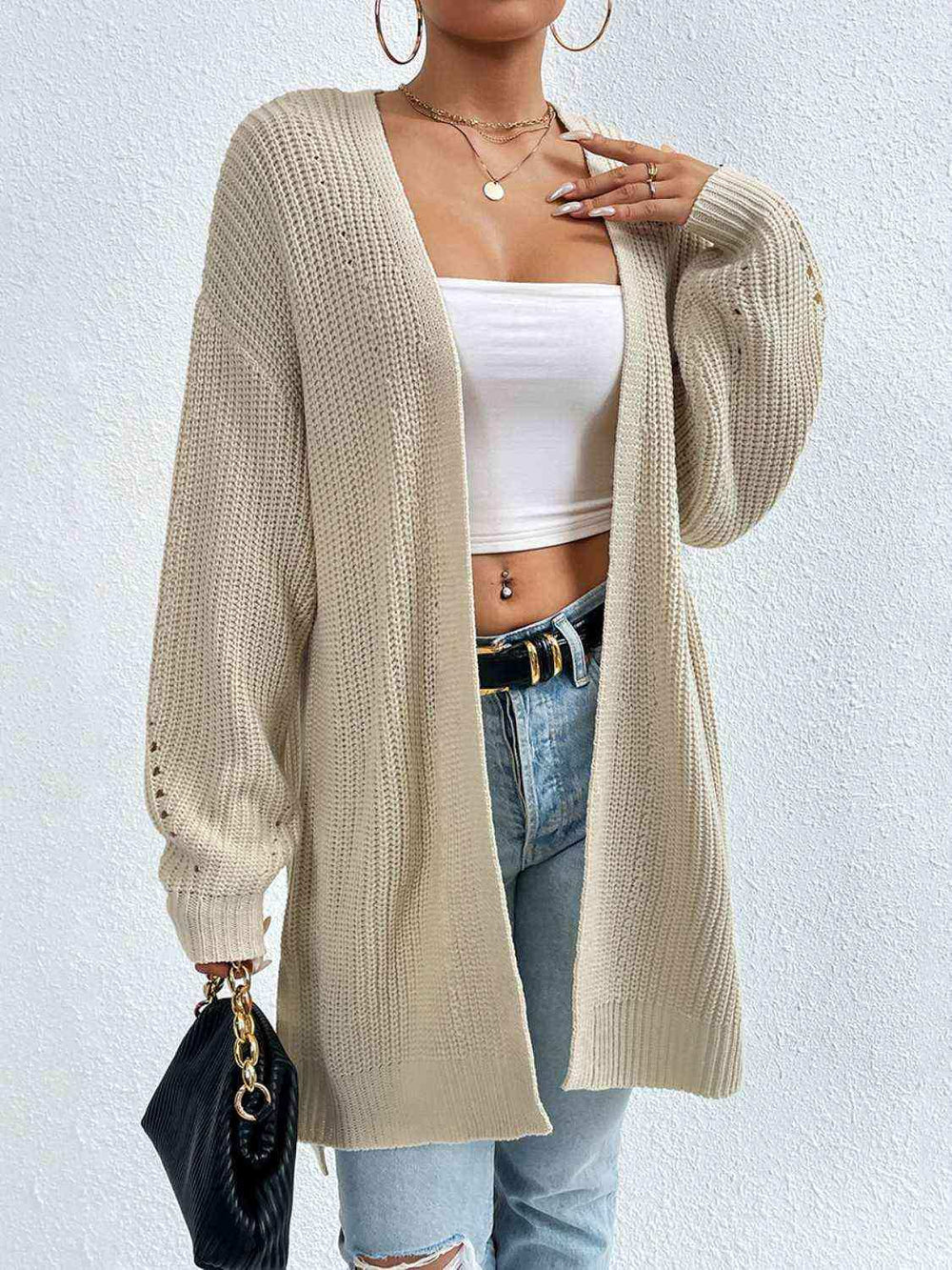 Open Front Dropped Shoulder Slit Cardigan - Trendsi - Flyclothing LLC