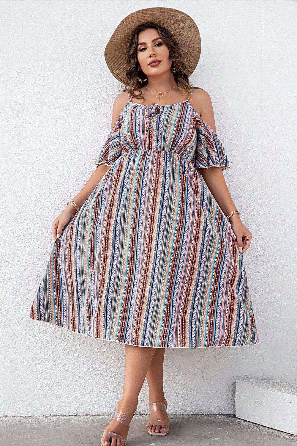 Plus Size Striped Cold-Shoulder Dress - Trendsi - Flyclothing LLC