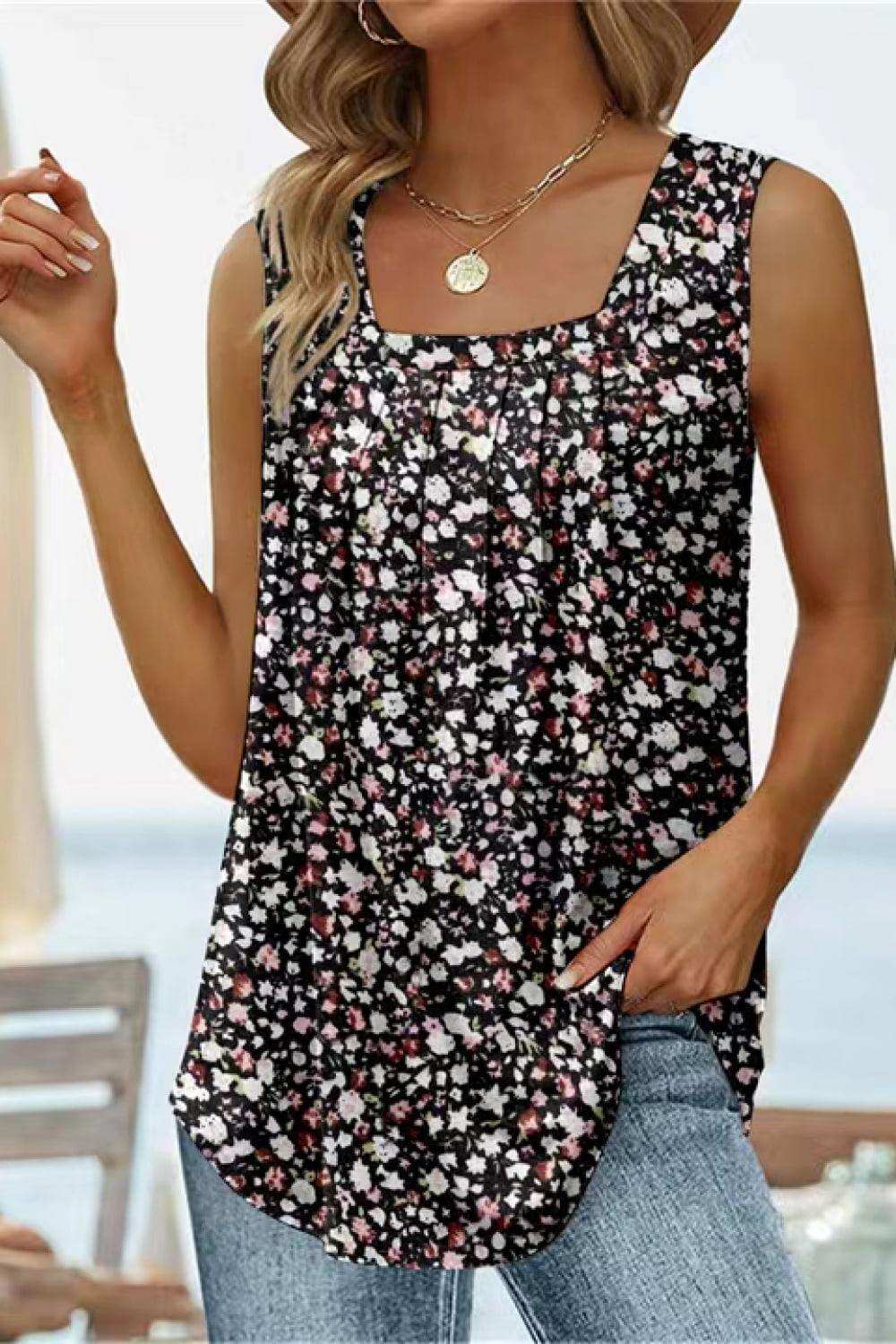 Printed Square Neck Curved Hem Tank - Trendsi - Flyclothing LLC