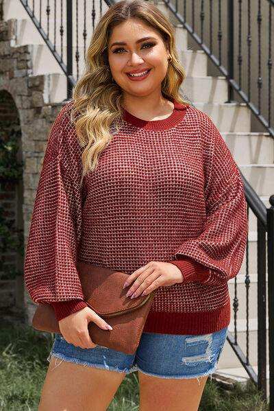 Plus Size Waffle-Knit Round Neck Dropped Shoulder Sweater - Trendsi - Flyclothing LLC