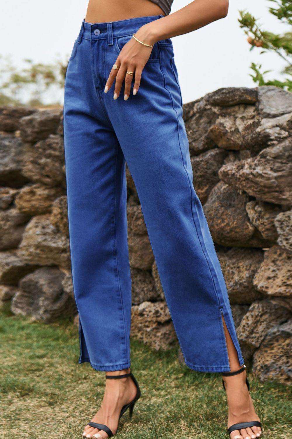 High Waist Loose Fit Ankle Slit Jeans - Trendsi - Flyclothing LLC