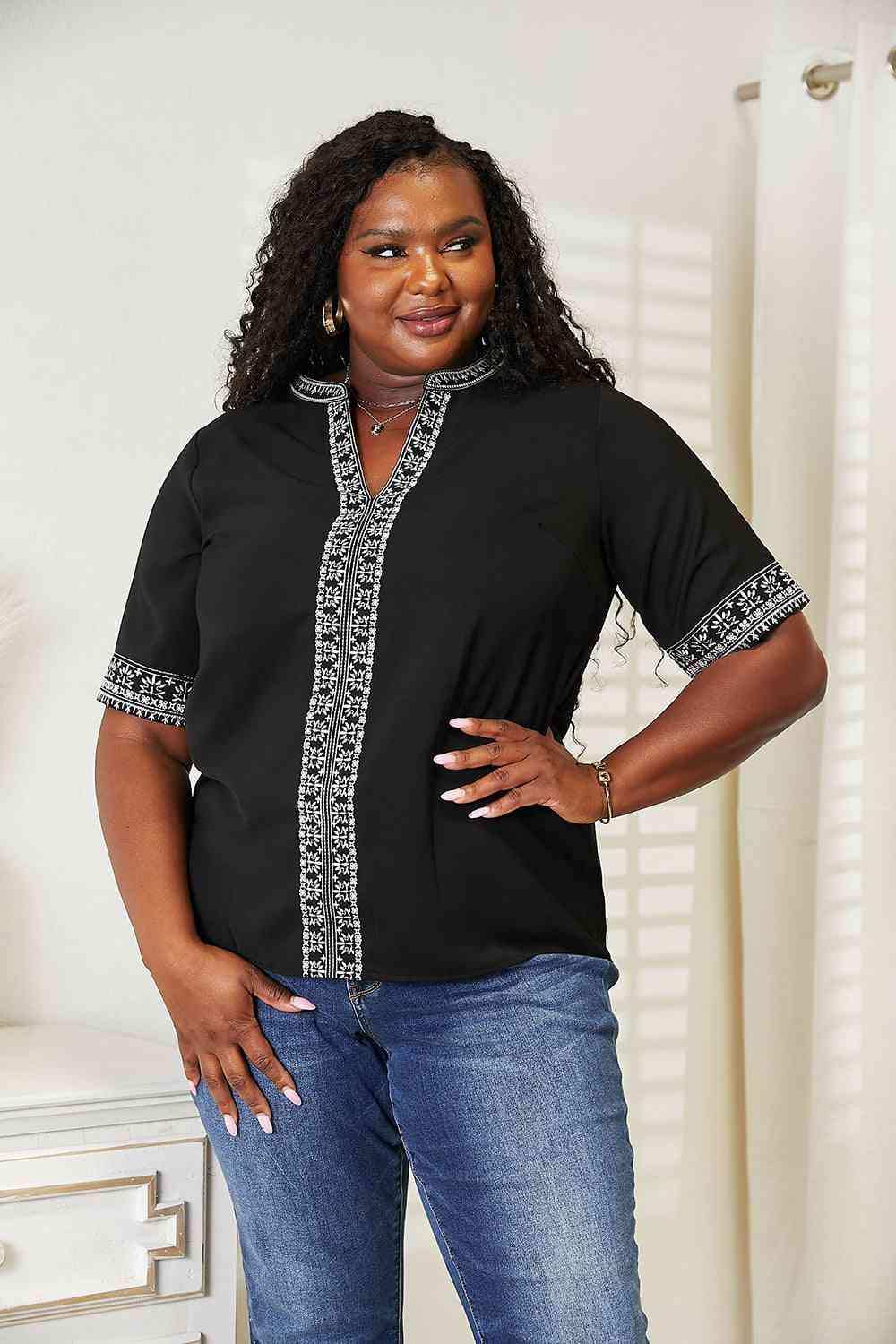 Double Take Embroidered Notched Neck Top - Trendsi - Flyclothing LLC