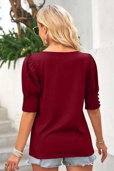 Round Neck Lantern Sleeve Blouse - Trendsi - Flyclothing LLC