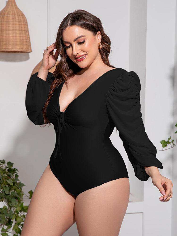 Plus Size Tied Deep V Balloon Sleeve One-Piece Swimsuit - Trendsi - Flyclothing LLC