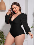 Plus Size Tied Deep V Balloon Sleeve One-Piece Swimsuit - Trendsi - Flyclothing LLC