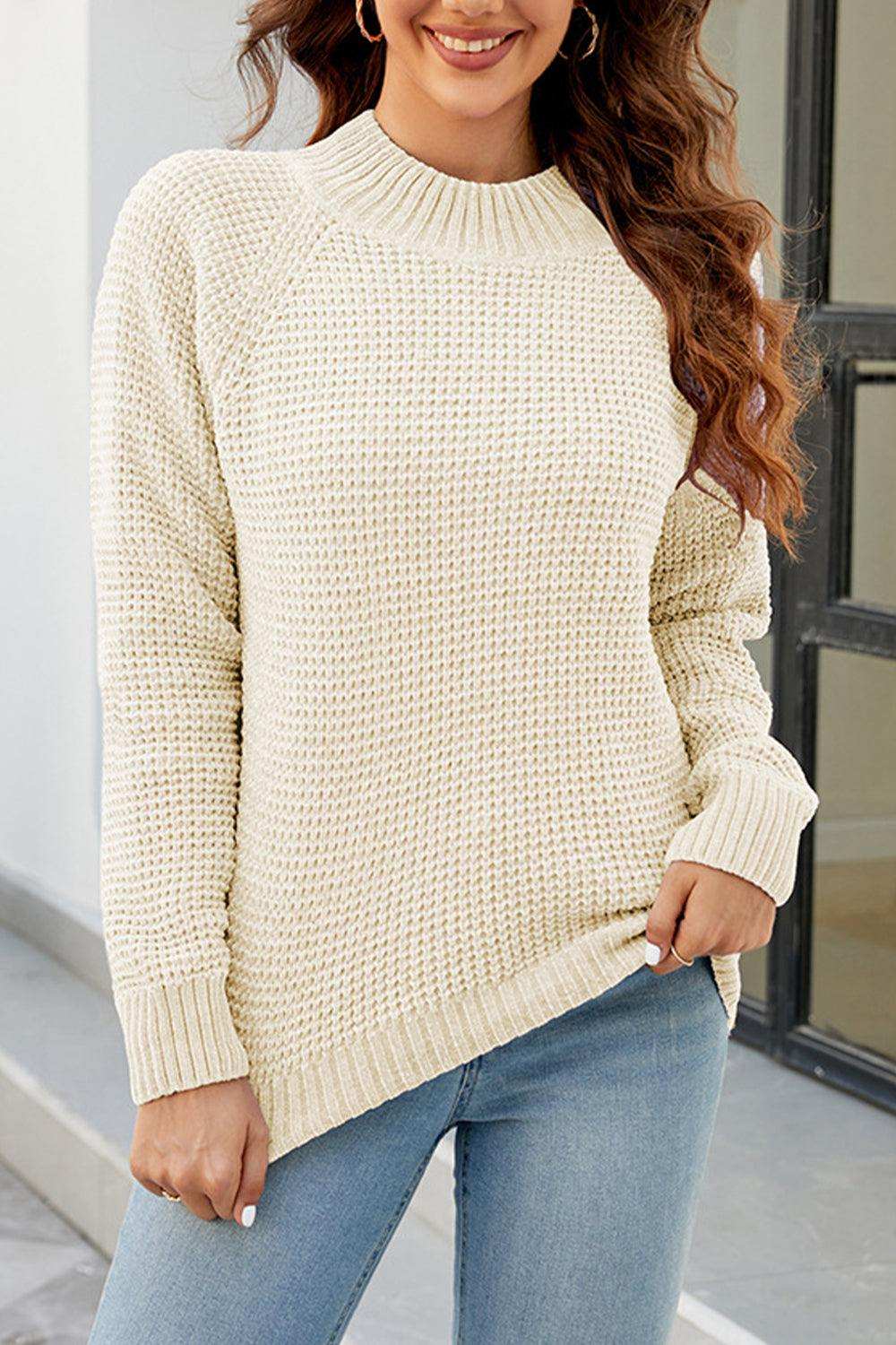 Waffle-Knit Round Neck Reglan Sleeve Sweater - Trendsi - Flyclothing LLC